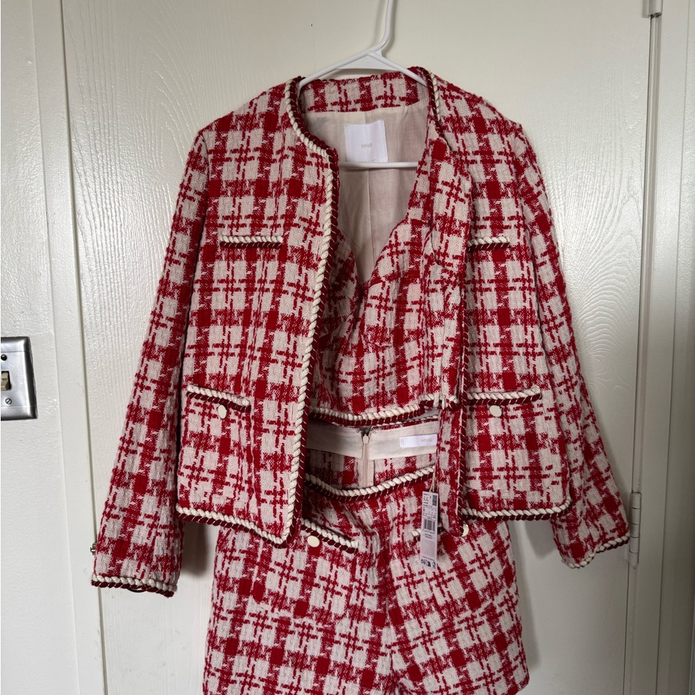 Mango Red & White Tweed Jacket, Top, Shorts Set